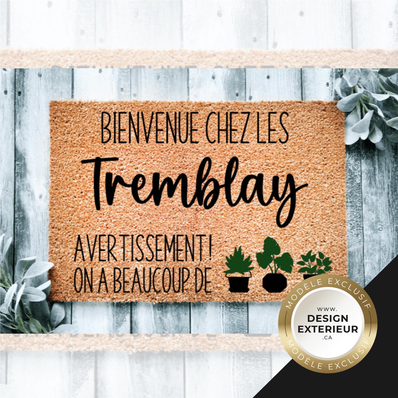 Paillasson personnalisé Attention on a beaucoup de plantes Vert Badge Exclusif